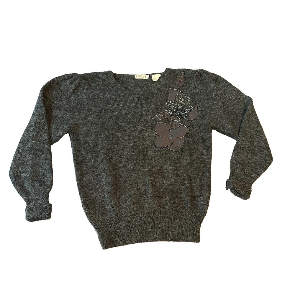 Vintage Hilwin Wool Blend Womens Sweater L Gray Beaded Squib Floral Applique 90s